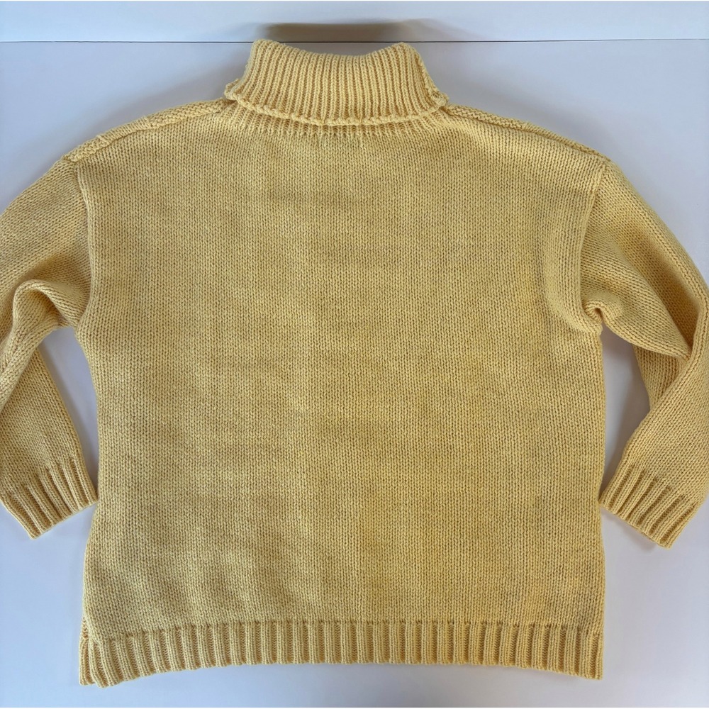 Vintage 90s Chunky Cable Knit Turtleneck Sweater XL Butter Yellow Fisherman Cozy - Picture 5 of 11